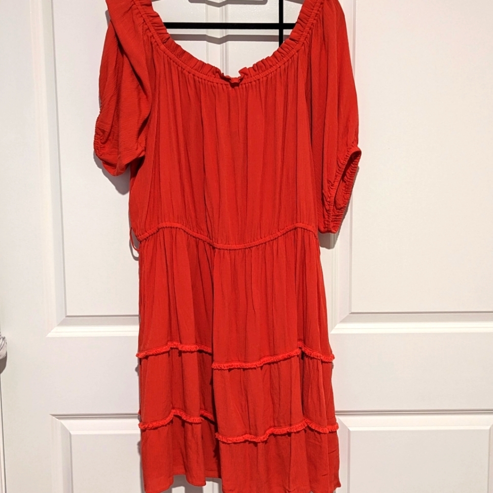 City Chic Ladies Fiesta Fringe Off Shoulder Dress size XXL/24 Tangerine-332